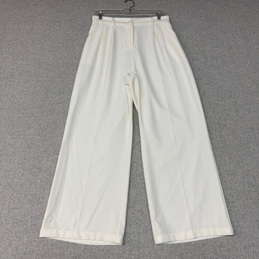 FUNYYZO Wide Leg Trousers Size L White High Waisted Pleated Elastic Back Pants